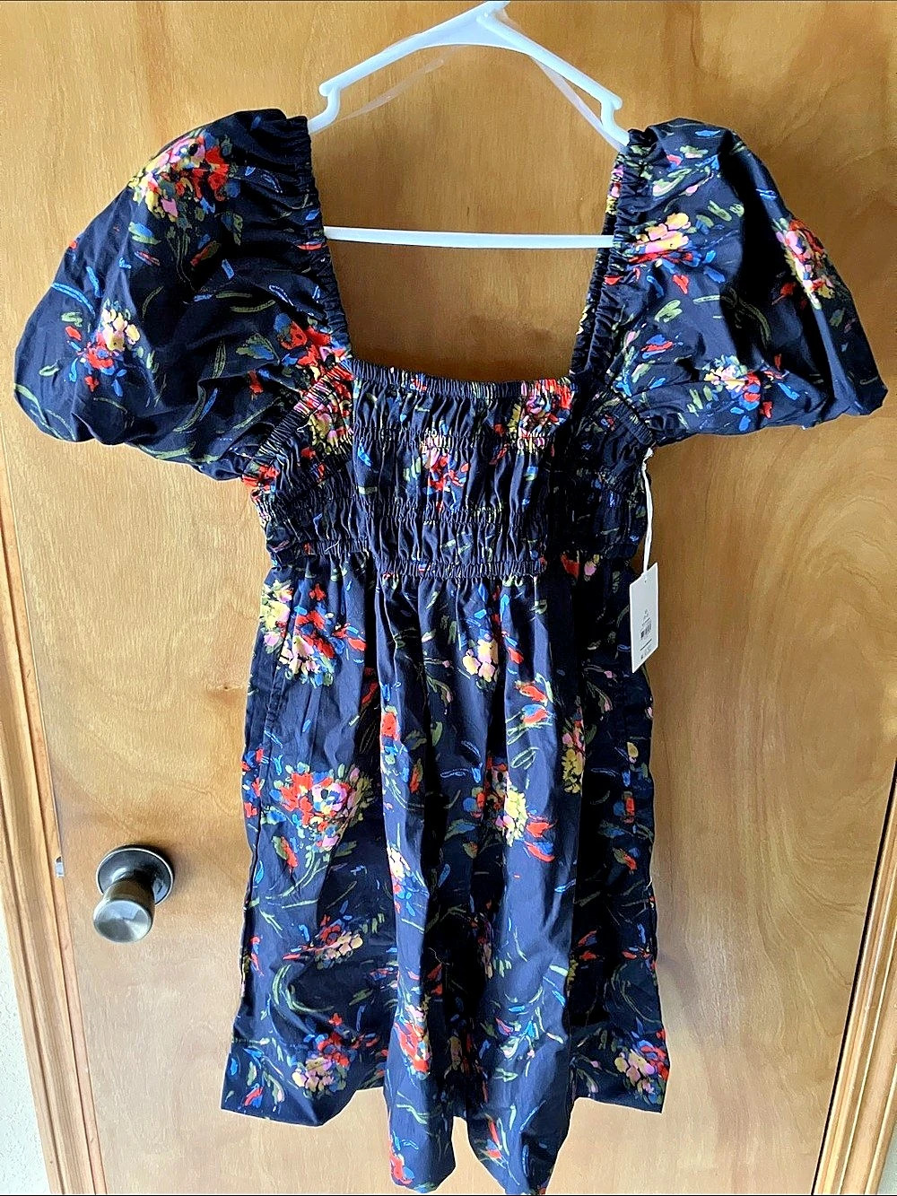 Free Assembly Smocked Peasant Mini Dress “Popsicle Orange” Floral XS NWT